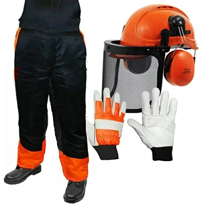 Image of SPARES2GO Chainsaw Safety Bib &amp; Brace (L), Helmet with Mesh Visor, Ear Muffs Padded Gloves