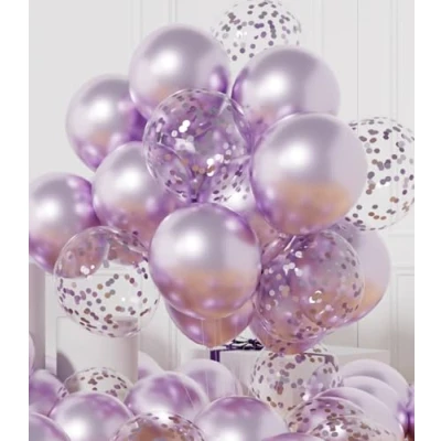 Image of AULE Metallic Light Purple Balloons: 42 Pack 12 inch Chrome Lavender Confetti Party Balloons and Lilac Helium Latex Balloon with Ribbons for Birthday Graduation Wedding Valentine&#039;s Day Decoration