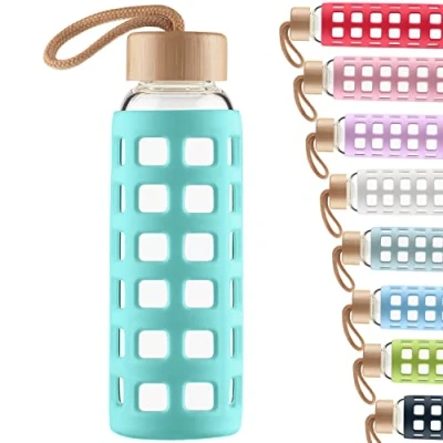 Image of Cleesmil Sports Glass Water Bottle with Silicone Sleeve Bamboo Lid BPA Free 1000 ml / 1 litre (Aqua Blue)