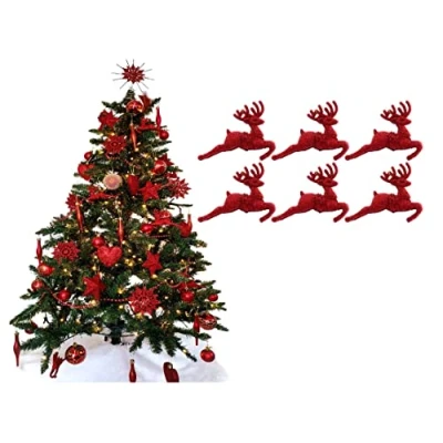 Image of Pack of 6 Hanging Glitter Reindeer Christmas Tree Decorations 2.2cm x 9.5cm (Red)