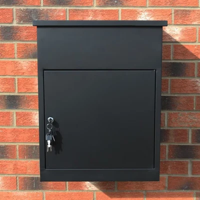 Image of Parcel Post Box Black Lockable Wall Mounted Secure Large Outdoor Letter Smart Mail Drop Weatherproof Galvanised Steel 5 Keys 58 x 46 36cm