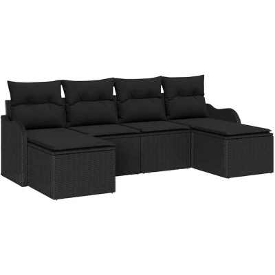Image of vidaXL 6 Piece Garden Sofa Set with Cushions Black Poly Rattan