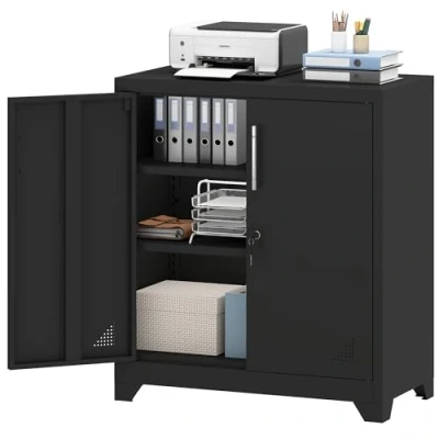 Image of YITAHOME Office Storage Cabinet, Metal Cupboard with 2 Adjustable Shelves, 80 x 40 90cm, Lockable Filing Cabinets Ventilation Holes for Home Garage Gym School, Black