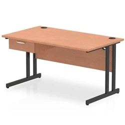 Image of Impulse 1400x800 Desk Beech/Black Cantilever Leg 1x1 Drawer Fixed Ped