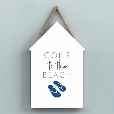 Image of Global Designs Gone To The Beach Coastal Blue Nautical Sign Wooden Hut Hanging Plaque