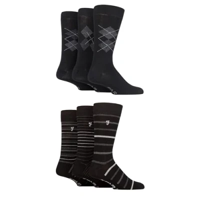 Image of Farah Mens Patterned Bamboo Socks Plain, Argyle for Everyday Wear, Suit Socks, Soft Breathable Cooling, 6 Pair Multipack Size 11 Black Grey Pattern