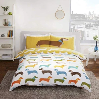 Image of Rapport Reversible Dachshund Sausage Dog Duvet Cover, Polycotton, Ochre, King