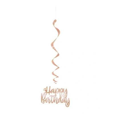 Image of Elegant Foil Rose Gold &quot;Happy Birthday&quot; Hanging Swirl Decorations (81cm) Stylish, Festive &amp; Modern Design Perfect for Memorable Celebrations 3ct