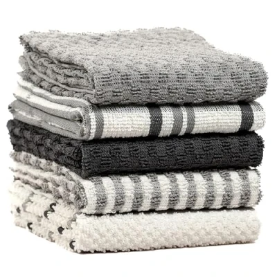 Image of Olivia Rocco 5 Pack Terry Kitchen Tea Towels Cotton Super Absorbent Quick Drying Soft Towel Cloth, Grey
