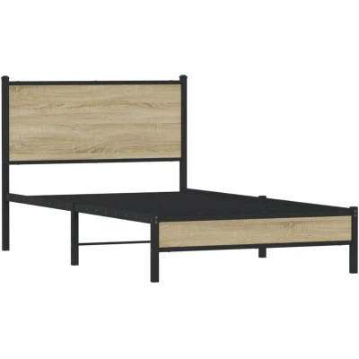 Image of vidaXL Metal Bed Frame with Headboard Single in Sonoma Oak, Steel and Engineered Wood 107x203 cm Frame, Spacious Underbed Storage