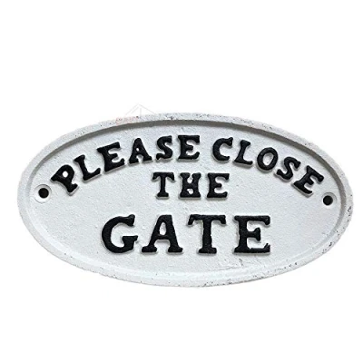 Image of Darthome Ltd Antique White Cast Iron Wall Garden Gate Door Sign Plaque Please Close The