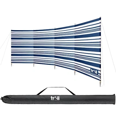 Image of Trail 5 Pole Wooden Windbreak with Bag, 3.6m x 1.25m Tall Windbreaker Sun Shelter Privacy Screen Metal Spikes, Outdoor Camping Festival Garden (Blue &amp; White Striped)