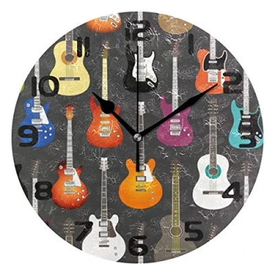 Image of Hunihuni Wall Clock Music Guitar Pattern Silent Non ticking for Bedroom Living Room Home Office Decor