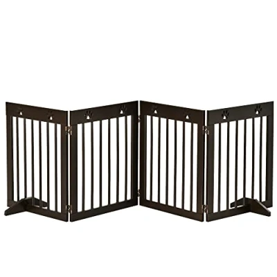 Image of PawHut Freestanding Pet Gate 4 Panel Wooden Dog Barrier Folding Safety Fence with Support Feet up to 204cm Long 61cm Tall for Doorway Stairs Brown