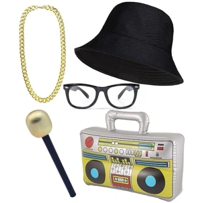 Image of Mega_Jumble® Men&#039;S 80&#039;S Street Hip Hop Run DMC Rapper Complete Kit Boom Box, Gold Chain, Hat, Glasses &amp; Microphone 5 Piece Instant