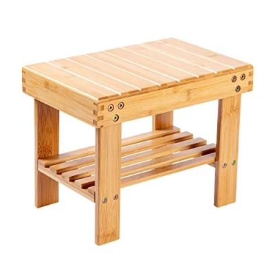 Image of VaeFae Bamboo Small Stool for Kids or Adults Foot Rest Shaving Step with Storage Shelf Stable Anti Slip Wooden Bath Home Bathroom Bedside Nursery School