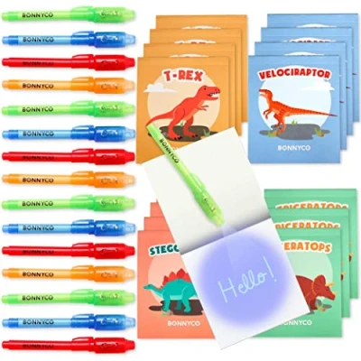 Image of BONNYCO Invisible Ink Pen and Notebook, Pack 16 Dinos Party Bags Filler &amp; Pinata Toys Birthday Decorations Stocking Fillers for Kids School Prizes Gifts Children