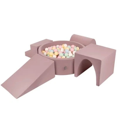 Image of KiddyMoon Foam Playground For Kids With Round Ballpit (200 Balls ∅ 7Cm/2.75In) Soft Obstacles Course And Ball Pool, Heather: Pastel Blue/Pastel Yellow/White/Mint/Powder Pink