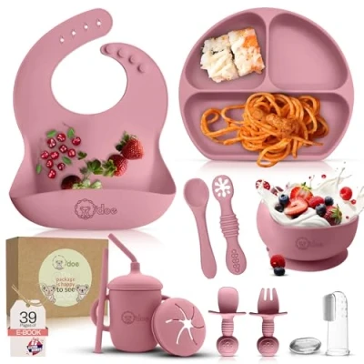 Image of O&#039;doe 11 Piece Baby Led Weaning Feeding Supplies for Toddlers, Set Suction Silicone Bowl Self Eating Utensils with Spoons, Bibs, Toddlers Spoon Set, Food Plate Kit Rose V1