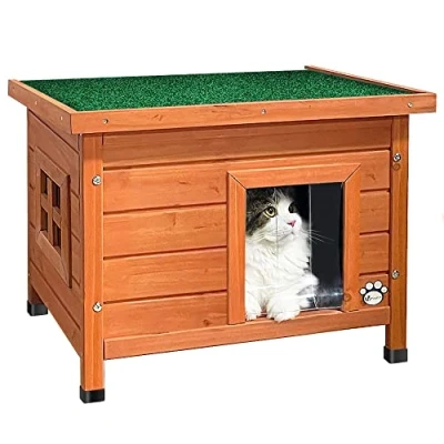 Image of VOUNOT® Cat House Garden Wooden Kitten Home with Water resistant Openable Roof, Privacy Window Outdoor Pet Shelter 57x45x43cm