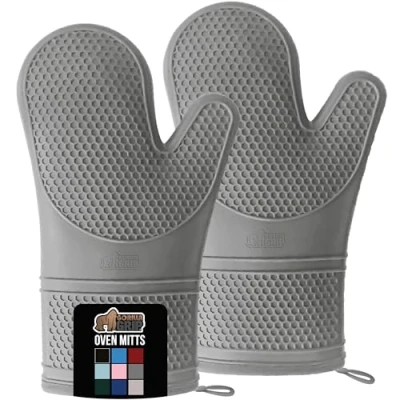 Image of Gorilla Grip Premium Silicone Non Slip Oven Mitt Set, Soft Flexible Gloves, Professional Heat Resistant Kitchen Cooking Mitts, Protect Hands from Hot Surfaces, Cookie Sheets, Gray Pair, Set of 2