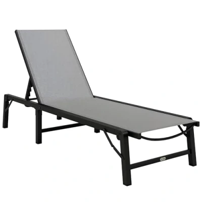 Image of Outsunny Folding Sun Lounger, 5 Position Adjustable Garden Chaise Lounge Sunbed, Steel Frame Reclining Chair for Beach, Porch, Patio, Camping, Light Grey