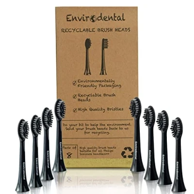 Image of Eco Friendly Replacement Toothbrush Heads by Envirodental Fully Recyclable Pack of 8 Brushes Compatible with Philips Sonicare Activated Charcoal Bristles for Electric Toothbrushes