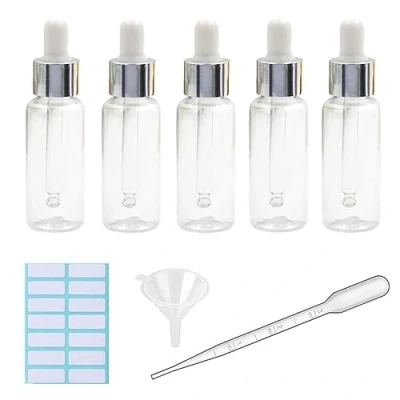 Image of 5Pcs Transparent Dropper Bottle 30ML Plastic Eye Bottles for Essential Oil Pipette Refillable with Measured Pipette, Funnel and Labels (White + Silver Cap)