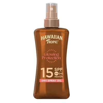 Image of Hawaiian Tropic Glowing Protection Sunscreen Dry Oil Gel SPF 15 UVA + UVB Protection, 200 ml, Tropical Scent with Coconut Oil, Water Resistant, Vegan
