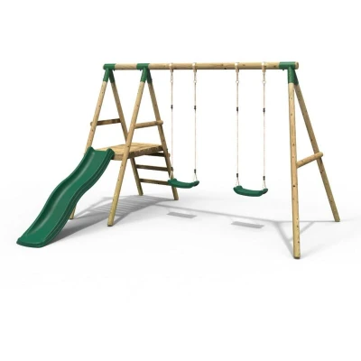 Image of Rebo® Double Wooden Swing Set with Platform and Slide Gemini OutdoorToys Kids&#039; Outdoor Play Equipment for Gardens, Frame Accessories Included, Weather Resistant