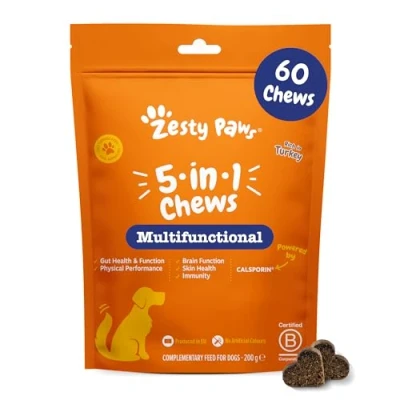 Image of Zesty Paws Dog Multivitamin 5 in 1 Supports Gut Health &amp; Skin Boosts Immunity, Physical Performance Reduces Stress Vitamin B Turkey Flavour 60 Pcs