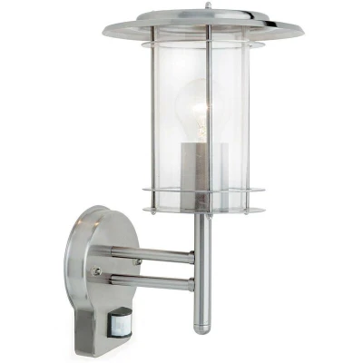 Image of York PIR 1 Light Outdoor Wall Lantern Polished Stainless Steel, Clear Polycarbonate IP44, E27