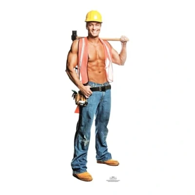 Image of STAR CUTOUTS SC529 Chippendales Construction Worker Lifesize Cardboard Cutout,Blue,Yellow,Brown,Pink, Black