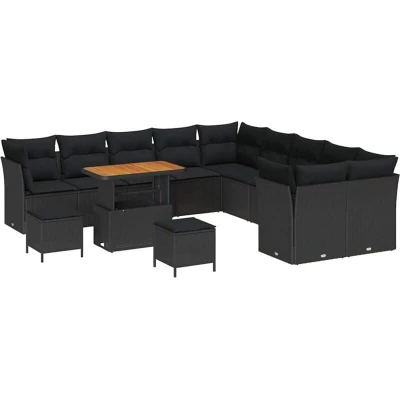 Image of vidaXL 13 Piece Garden Sofa Set with Cushions Black Poly Rattan Acacia