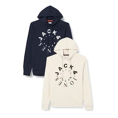 Image of JACK &amp; JONES Men&#039;s Jjwarrior Sweat Hood 2pk MP Hoody, Moonbeam/Pack: Moonbeam + Navy Blazer (Large), XL