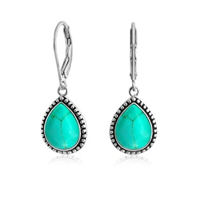 Image of Boho Western Style Blue Stabilized Turquoise Semi Precious Pear Shaped Teardrop Lever Back Dangle Drop Earrings For Women Teen Oxidized .925 Sterling Silver