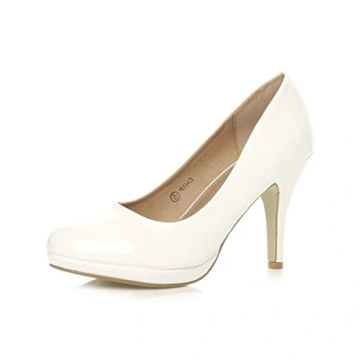 Image of Ajvani Womens Ladies mid high Heel Platform Work Evening Court Shoes Pumps, 8 UK, White Patent
