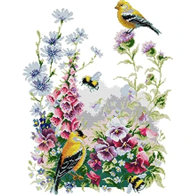 Image of Awesocrafts Cross Stitch Stamped Kits Bird and Flowers Easy Patterns Stitching Embroidery Needlework Kit Supplies 14CT 2 Strands (Bird 1)