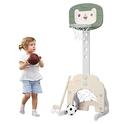 Image of Maxmass Basketball Hoop Set, 3 in 1 Sports Activity Center with &amp; Soccer Ball, Height Adjustable Stand for Kids (Beige + Green)