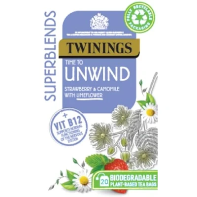 Image of Twinings Superblends Unwind Tea Strawberry Herbal Infusion with Camomile, Lemon Balm, Limeflower &amp; Vitamin B12, 80 Biodegradable Bags