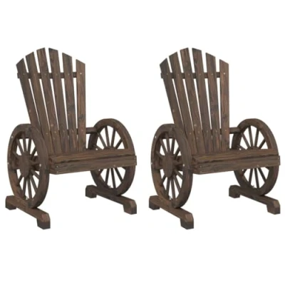 Image of vidaXL Solid Wood Fir Garden Adirondack Chairs Ergonomic Outdoor Loungers with Rustic Burnt Look, Wagon Wheel Armrests