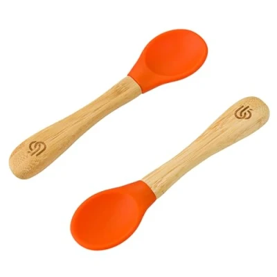 Image of Bamboo ® Baby Weaning Spoons Set of 2 with Soft Silicone Tips Ergonomic Easy Grip Handles BPA Free (Set 2, Orange)