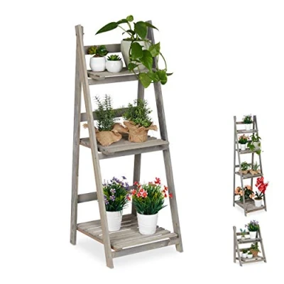 Image of Relaxdays Multi Tier Flower Shelf, Wooden Plant Ladder Rack, Folding, HWD: 108 x 41 40 cm, Grey, 40cm