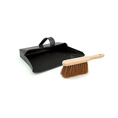Image of Srendi® Large Strong Metal Dustpan and Brush Set Soft or Stiff Black Dust Ash Pan Coco Fibre Hand Heavy Duty Solid FSC Wood, Sweeping Scrubbing Wooden Brushes (Dustpan with Brush)