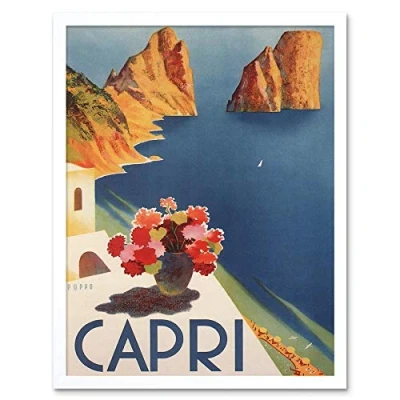 Image of Wee Blue Coo Travel Tourism Italy Capri Island Sun Flowers Sea Art Print Framed Poster Wall Decor 12X16 Inch