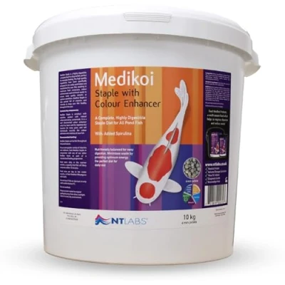 Image of NT Labs Medikoi Staple with Colour Enhancer, Complete Feed For All Pond Fish, Ideal Spring, Summer and Autumn Feeding, Enhances Colours of Koi Fish Food (10kg)(6mm)