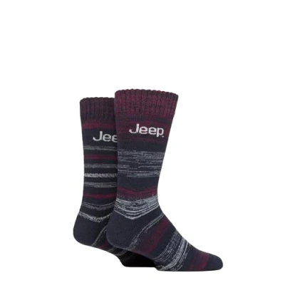 Image of Mens 2 Pair Jeep Thermal Striped Boot Socks Navy / Berry 6 11