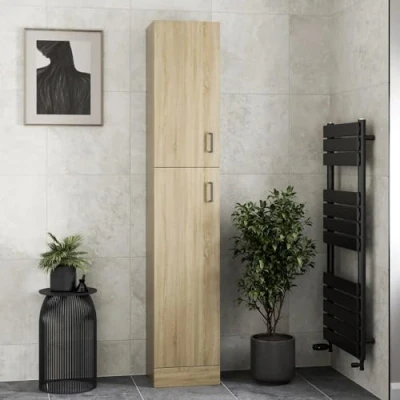 Image of Affine® Bathroom Tall Unit Cabinet Oak Effect Soft Close Door Floor Standing Modern