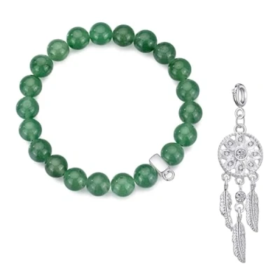 Image of Philip Jones Green Aventurine Gemstone Bracelet with Dream Catcher Charm Created Zircondia® Crystals