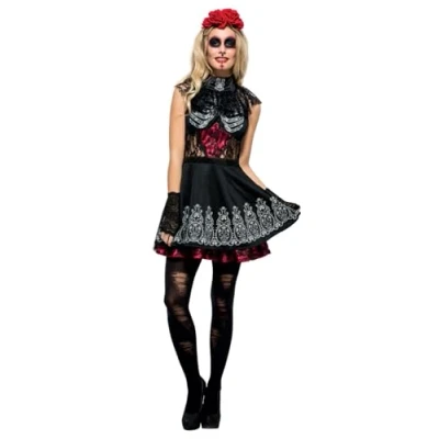 Image of Smiffys Fever Day of the Dead Costume, Black with Dress, Attached Underskirt &amp; Rose Headband, Fancy Halloween Dress Up Costumes